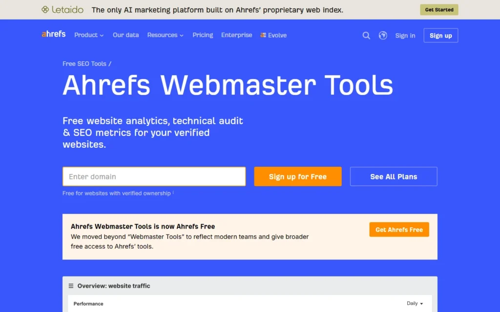 Ahrefs Webmaster Tools website screenshot