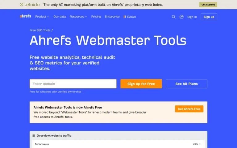 Ahrefs Webmaster Tools website screenshot