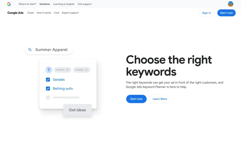 Google Ads Keyword Planner website screenshot