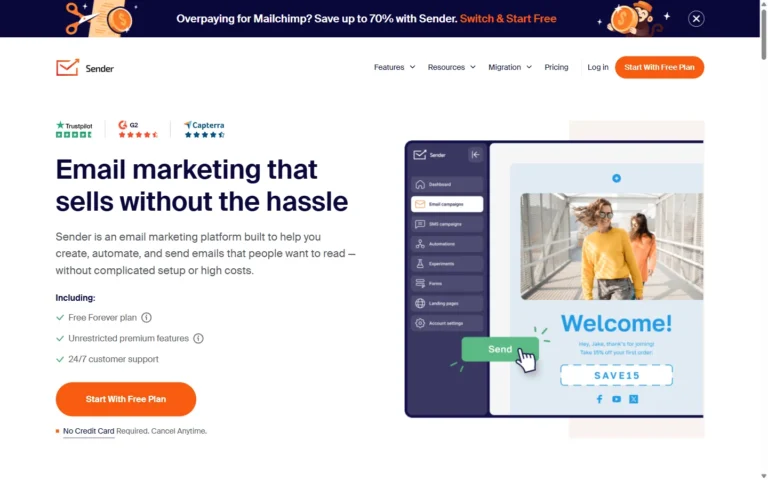 Sender website screenshot