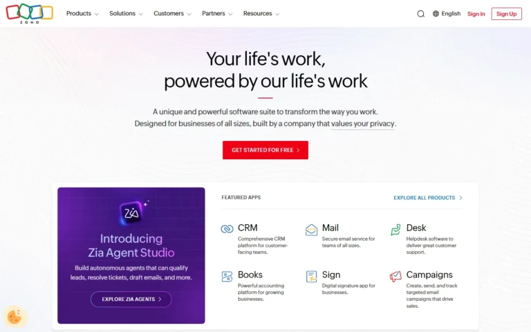 Zoho website screenshot