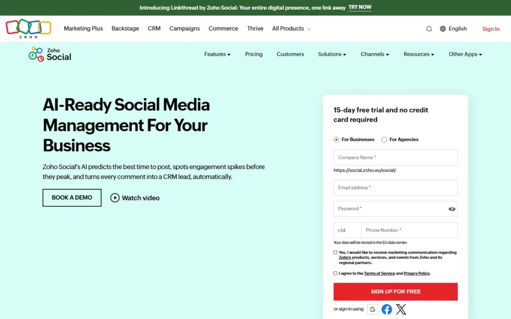 Zoho Social website screenshot